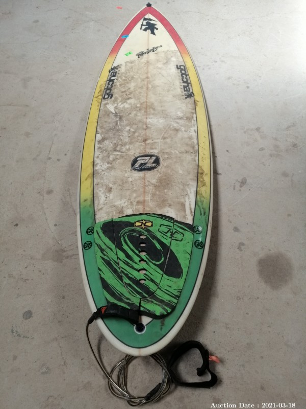 315 Gotcha Surfboard with Leash and Fins. Signed by Peter Lawson