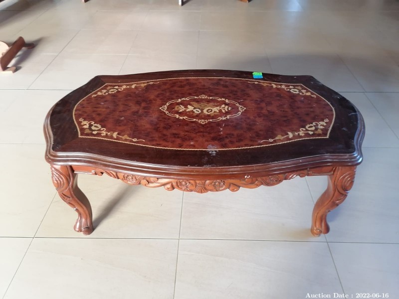 2110 - 1 x Wooden Coffee Table with Carving & Inlay Details