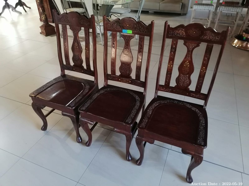 1837 - 3 x Stunning Hardwood Chairs with Brass Inlay & Carving Detail