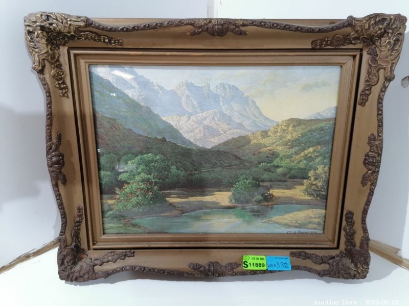 332 - River Scene in Ornate Vintage Frame signed GJ Beukes