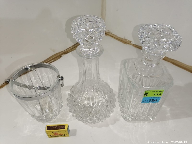 354 - Pair of Glass Decanters and Glass Ice Bucket