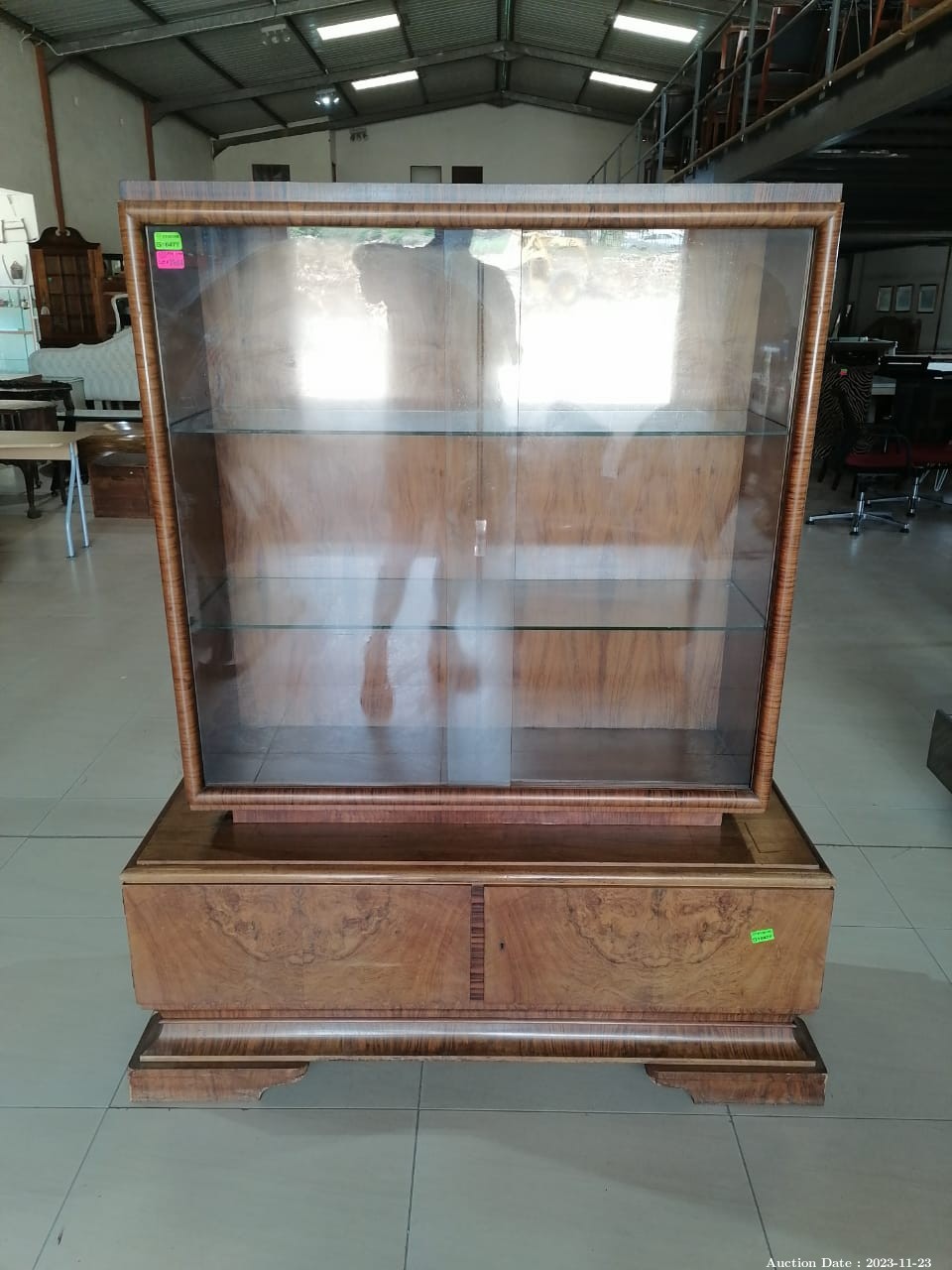 3854 - Wooden Display Cabinet with Glass Shelves and Glass Sliding Doors
