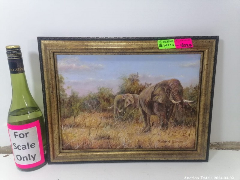 Lot 6327 - Framed Elephant Painting signed Robert Gibson