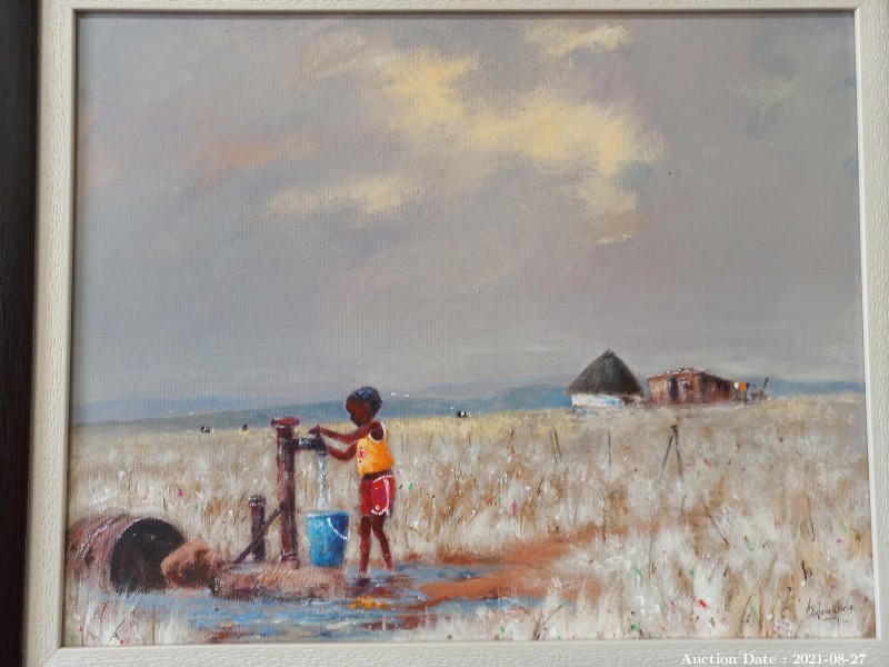 Lot 520 - \'Boys Fetching Water\' Oil on Board signed E. Selemabela