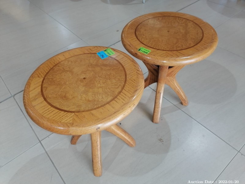 390 - Pair of Solid Oak Side Tables with Burl Inlay