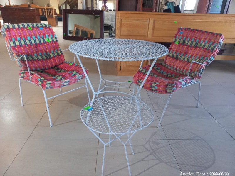 2176 - Patio Set: 1 x Round Table with 1 x Side Table and 2 x Chairs with Cushions