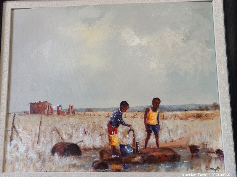 Lot 518 - \'Boys at Tap\' - Oil on Board signed E. Selemabela