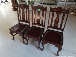 Description 1837 - 3 x Stunning Hardwood Chairs with Brass Inlay & Carving Detail