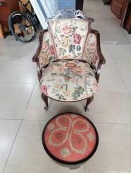 Description 4904 - Solid Wood and Upholstered Armchair with Foot Stool Carving Details