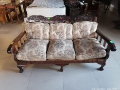 Description 2317 - 3 Seater Couch Solid Wood with Carving Detail with Cushions