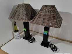 Description 1939 - 2 x Bedside Lamps wooden base with grass lamp shades