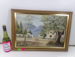 Description 5464 - Beautiful Framed Painting of the Mountains and a Buildings By Joan Horning 76