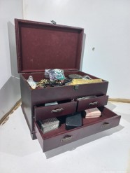 Description 2174 - Large Ornate Wooden Jewellery Box with trinkets